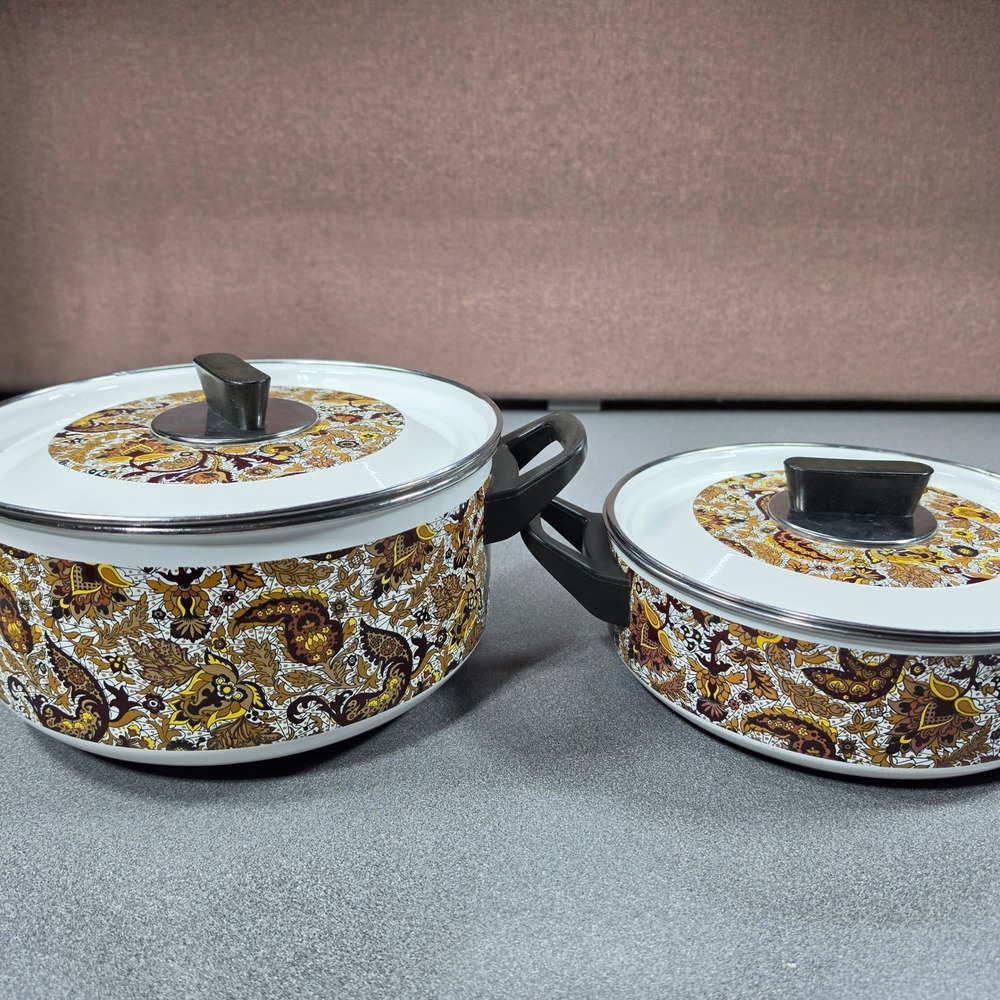Vintage Fancipans‎ Enamelware Stockpot Set 2pc Brown Gold Paisley Floral 70s
